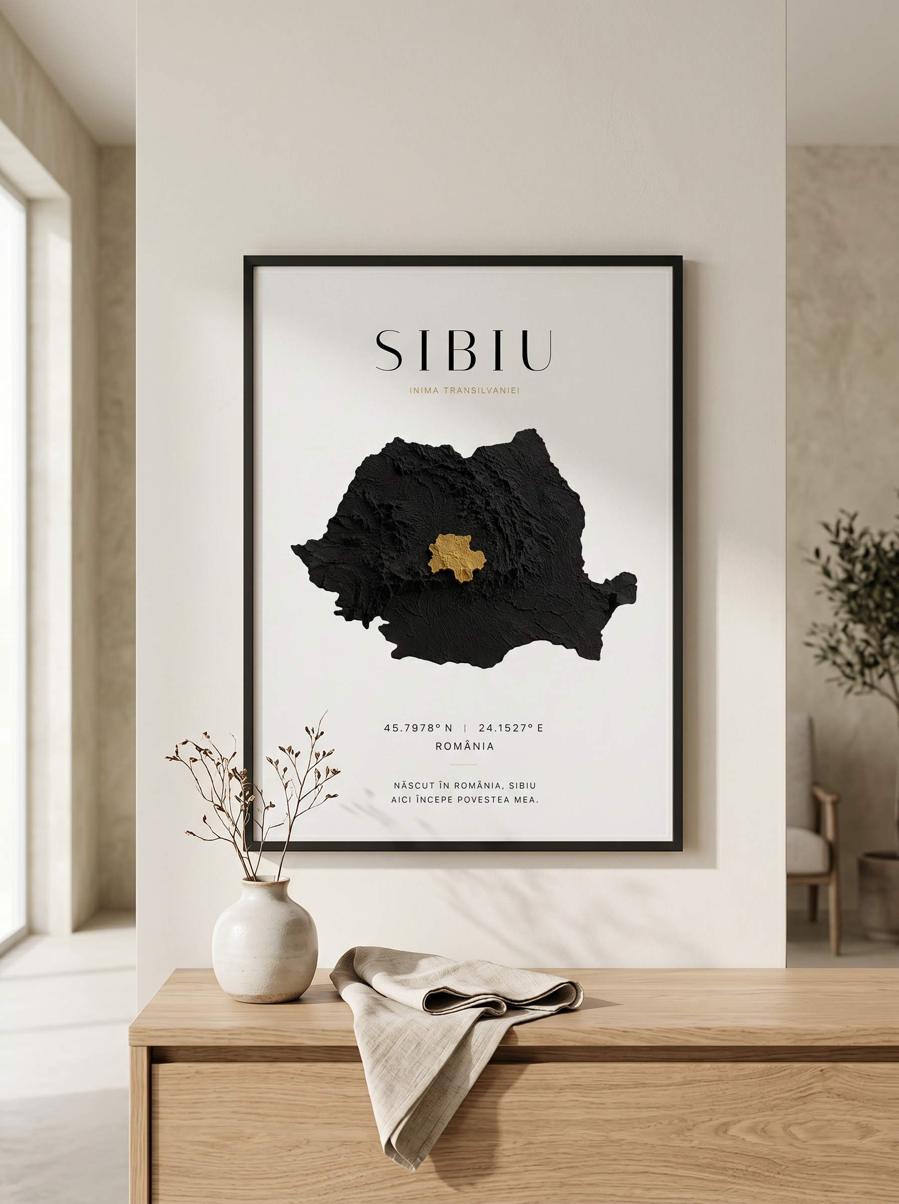 VUMO Sibiu framed above a light oak console